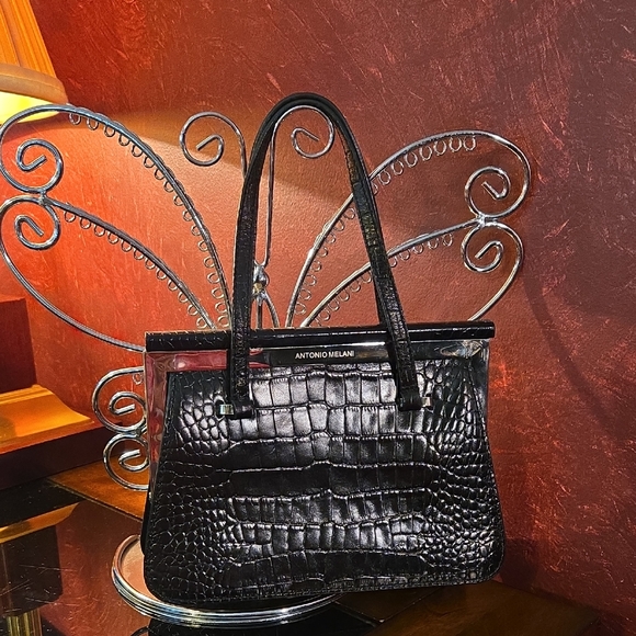 Vintage Antonio Melani Black Croc Leather Small Handbag Double Handle - Picture 1 of 9